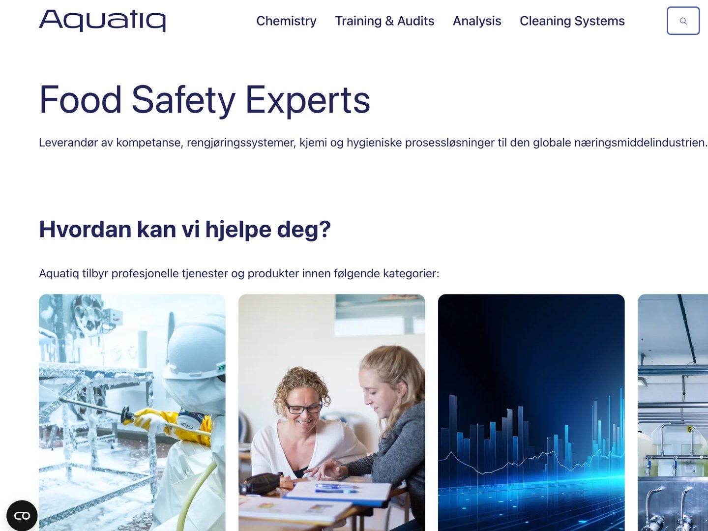 Utsnitt av forsiden til aquatiq.com: overskriften «Food Safety Experts», spørsmålet «Hvordan kan vi hjelpe deg?» og en rad bildekort for kjemi, kurs, analyse og rengjøringssystemer.