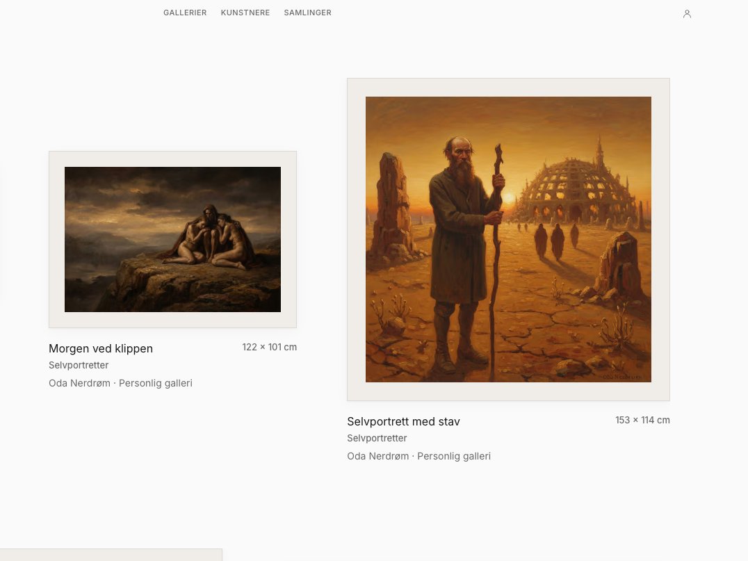 Skjermbilde av Galleryspace-forsiden: to malerier av Oda Nerdrøm i lyse passepartouter — «Morgen ved klippen» og «Selvportrett med stav» — med tittel, mål og galleri under.