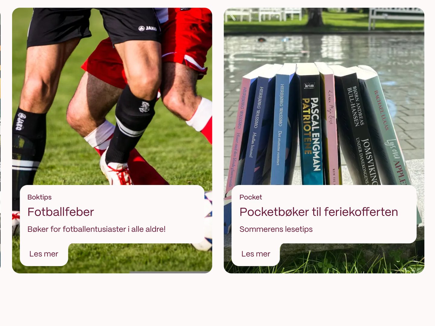 Utsnitt av forsiden til gyldendal.no: to redaksjonelle kort, «Fotballfeber» med bøker for fotballentusiaster og «Pocketbøker til feriekofferten» med sommerens lesetips.